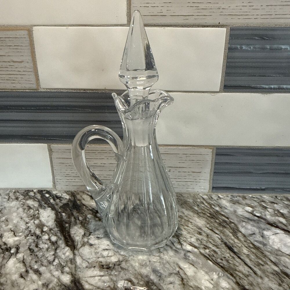 Vintage cut glass Cruet Decanter with Handle/Spout and Stopper 6.5in Tall